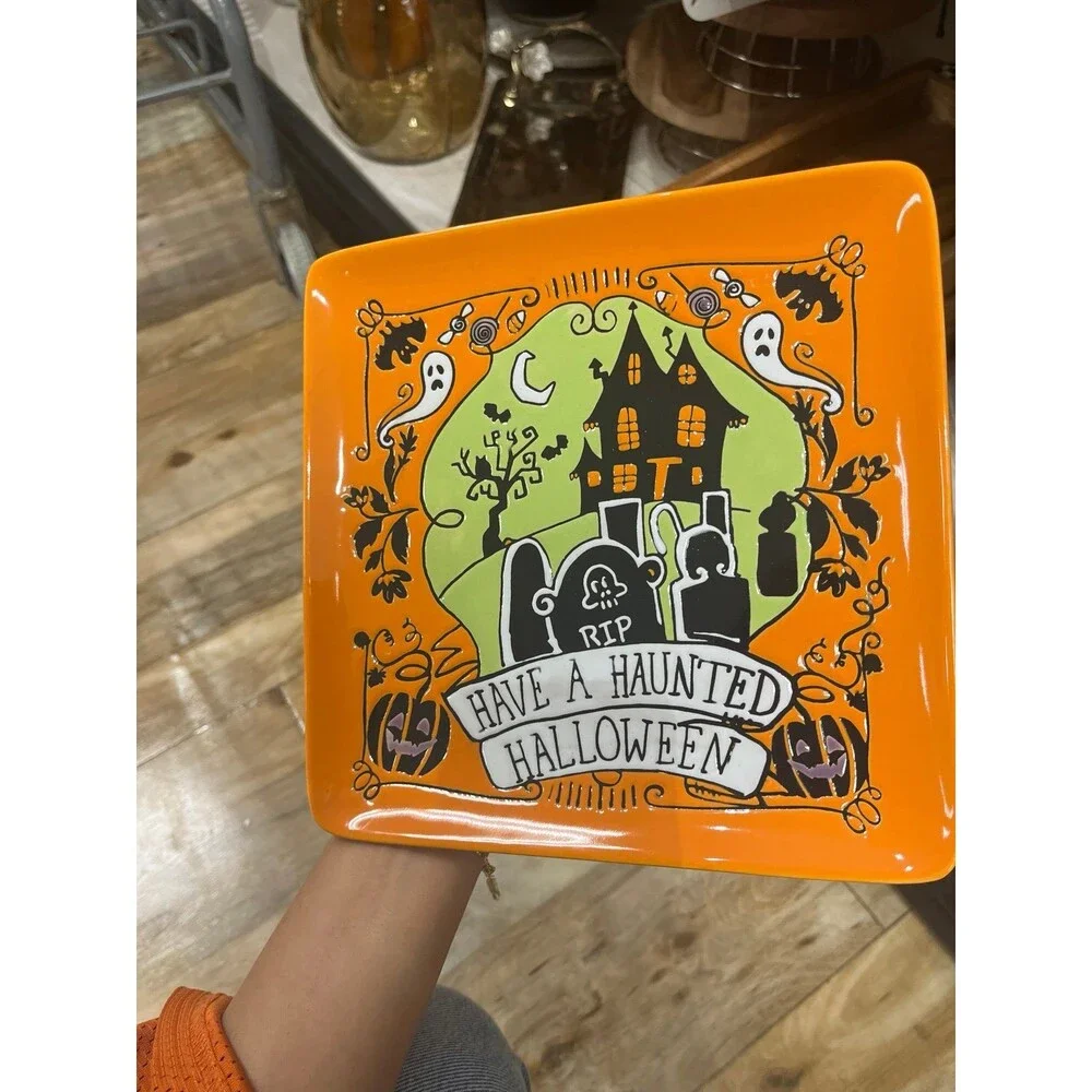 Eli and Ana Halloween Haunted House Orange Square Plate
